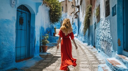 Young woman in red dress visiting Chefchaouen, Morocco - Travel concept