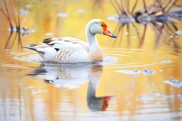 Fototapeta premium nesting goose with reflection in still pond water
