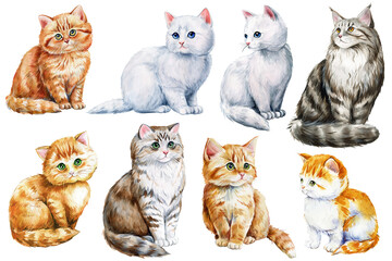 Set of cats. Cat hand drawn in watercolor, kitten isolated on white background. Domestic animal, cute pet illustration © Hanna