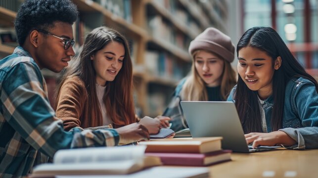 Multiracial University Students Engage in Group Study at High School Library