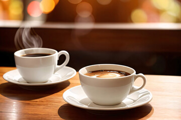 Obraz premium Two cups of coffee close-up atmospheric photo