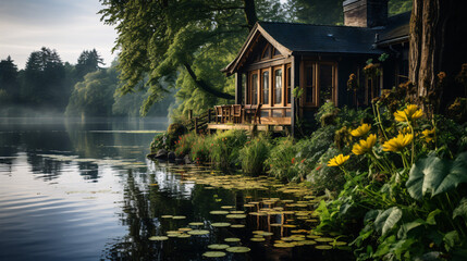 A serene boathouse nestled at the lake's edge amidst verdant vegetation, forming a tranquil lakeside haven. - obrazy, fototapety, plakaty
