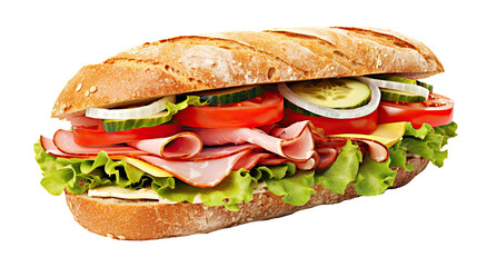 Sandwich with ham and vegetables. Isolated on transparent background