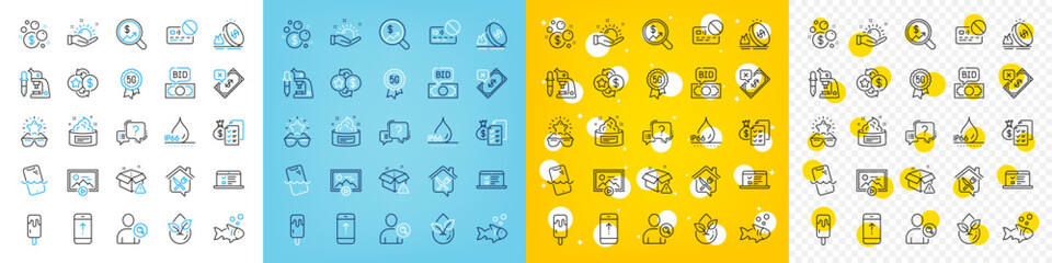 Vector icons set of Skin cream, Web lectures and Waterproof line icons pack for web with Launder money, Question mark, Fish outline icon. 5g technology, Bid offer, Swipe up pictogram. Vector