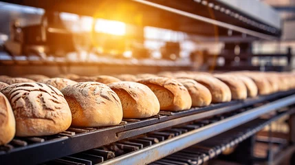 Tuinposter freshly baked bread on a conveyor belt in a factory © Oleksandr