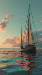 a beach with a sailboat near a pink tree