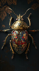 A mechanical bug with gold designs on it