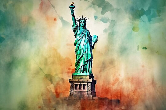 Watercolor paint effect of the Statue of Liberty. Generative AI
