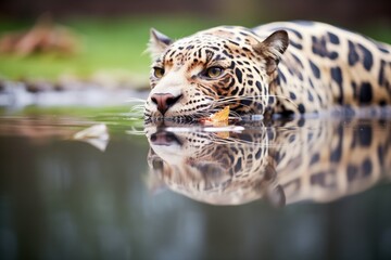 Naklejka premium reflection of jaguar drinking water from a still pond