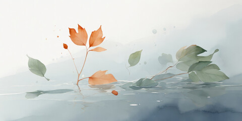 Fototapeta na wymiar Freshness of nature: watercolor leaves and water
