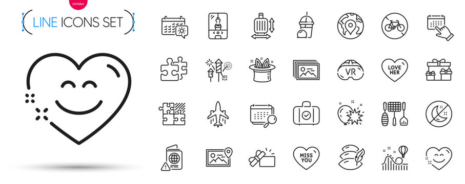 Pack of Travel calendar, Image gallery and Surprise boxes line icons. Include Pin, Hat-trick, Fireworks rocket pictogram icons. Puzzle, Miss you, Photo location signs. Love her. Vector
