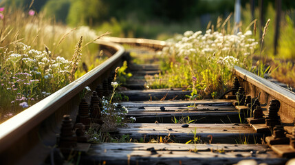 Close-up of old abandoned wooden rails in rural area. Railroad tracks overgrown with grass.
