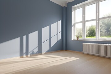 Empty room, with grey painted walls and wooden floor.