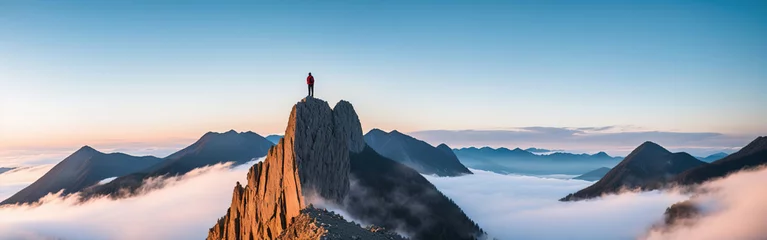 Foto op Plexiglas A tourist stands on the peak of a mountain, a man conquering the peak. Generative AI.  © Nadejda