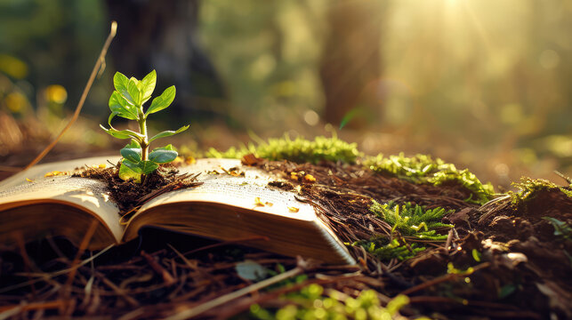 Opened old book lying on the ground in a forest, a green sprout with leaves is growing out of the book. Creative concept of paper conservation and recycling.