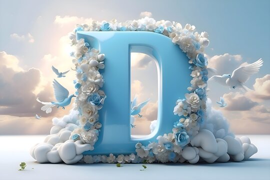 The letter D is light blue in three dimensions, designed with sky and clouds