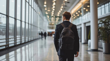 Back view of a successful man in a business suit with a backpack walking forward on the airport lobby. - obrazy, fototapety, plakaty
