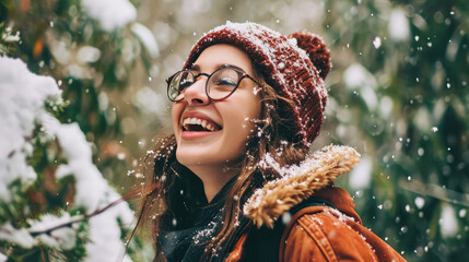 Fototapeta premium Laughing young woman in a knitted hat, jacket and glasses is happy to see the first snow on a walk. In the background snowy forest with Christmas trees, morning.
