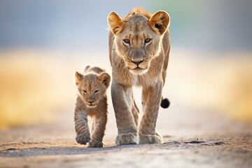 lioness with cubs crossing dusty path