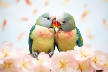 lovebirds nuzzling under a blooming flower