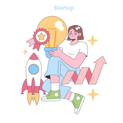 Confident entrepreneur with awarded idea powering her startup journey, depicted by a rocket and upward growth trend. Embracing innovation and ambition in business. Flat vector illustration.