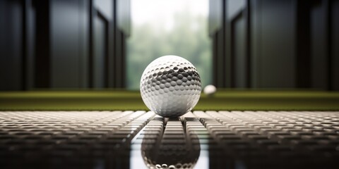 Golf ball perched on tee inside simulator. - obrazy, fototapety, plakaty