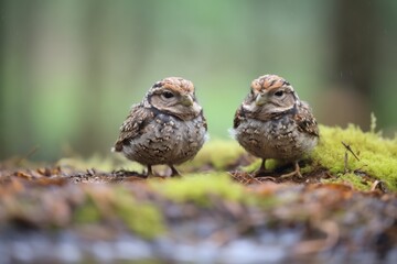 two nightjars side by side on mossy ground