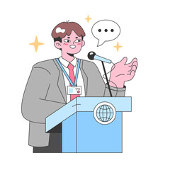 Conference speaker concept. Energetic man addressing audience from podium, sharing insights and knowledge. Engaging communication, global platform. Expertise sharing event. Flat vector illustration