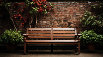 bench in the park, An abandoned wooden bench in a park or garden with an aged red brick wall backdrop painted.
