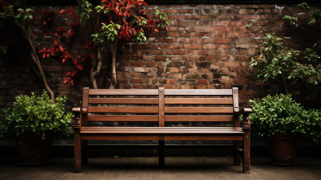 Bench In The Park, An Abandoned Wooden Bench In A Park Or Garden With An Aged Red Brick Wall Backdrop Painted.
