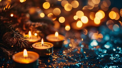 Festive New Year's celebration with golden candles on sparkling background, perfect for holiday greetings.