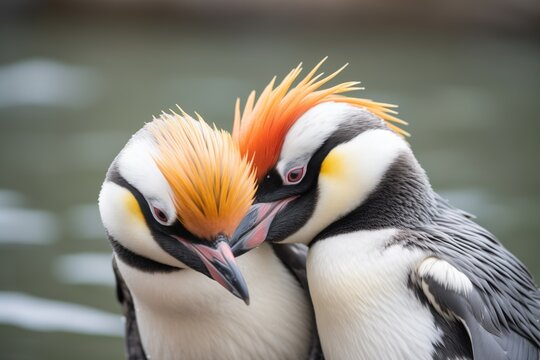 two penguins preening each other