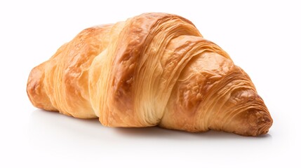A single croissant with a close-up view, set apart on a blank backdrop.