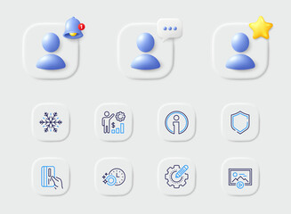 Settings gear, Employees wealth and Dishwasher timer line icons. Placeholder with 3d star, reminder bell, chat. Pack of Air conditioning, Shield, Payment card icon. Vector