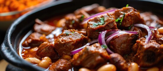 Mexican pork stew marinated with achiote, often served with beans and spicy red onion. - obrazy, fototapety, plakaty