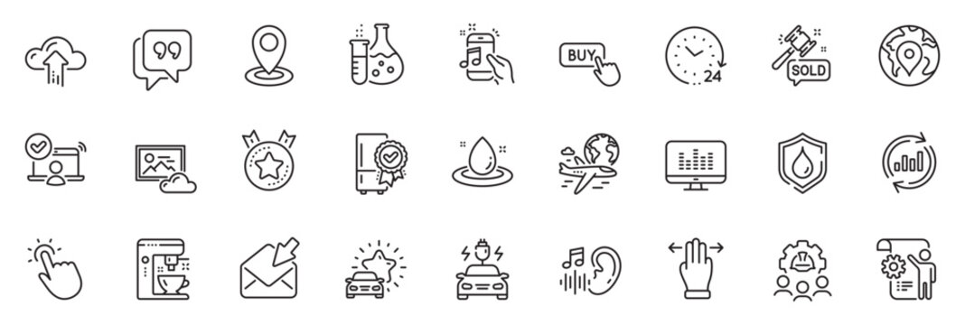 Icons pack as Ranking star, Pin and Multitasking gesture line icons for app include Coffee maker, Quote bubble, Music phone outline thin icon web set. Music making, Engineering team. Vector