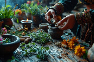 Herbalist Preparing Natural Remedies on Rustic Table - obrazy, fototapety, plakaty