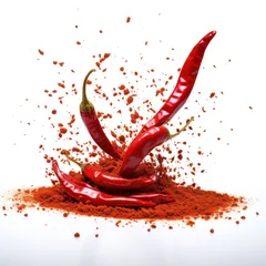 Fotobehang Red hot chili pepper flakes bursting out on white background. Generative AI © artbot