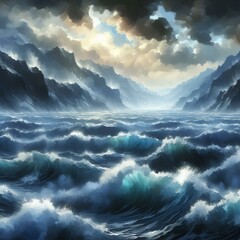 Painted stormy waves of an ocean.