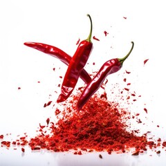 Red hot chili pepper flakes bursting out on white background. - obrazy, fototapety, plakaty