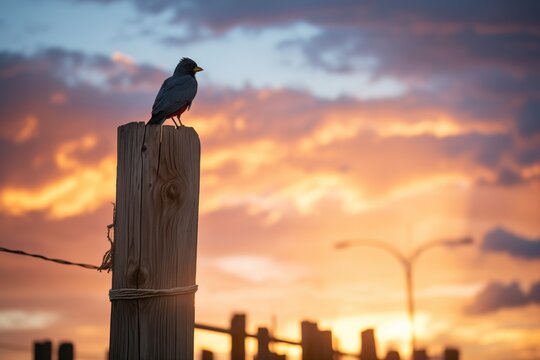 lone raven on a fence post at sunset