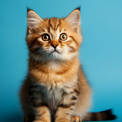 Fototapeta na wymiar Young cute beautiful cat. One color background. Awesome eye and body color. Generative AI