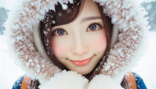 Portrait of a girl in a fur cap. Generative AI.