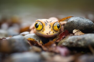 Fototapeta premium salamander peeking from under a small pebble in a creek bed