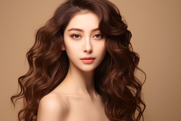Naklejka premium A youthful Asian woman with wavy hair and Korean-inspired makeup poses against a neutral background, showcasing her flawless skin achieved through skincare, aesthetics, and surgical enhancements.