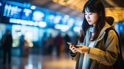 A youthful Asian female at a global airport utilizing cellphone and verifying flight on the flight...