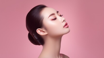 A youthful Asian woman with a Korean makeup look touches her face and flawless complexion against a pink background, showcasing facial care and plastic surgery.