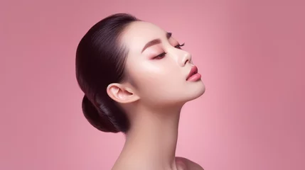 Fotobehang A youthful Asian woman with a Korean makeup look touches her face and flawless complexion against a pink background, showcasing facial care and plastic surgery. © ckybe
