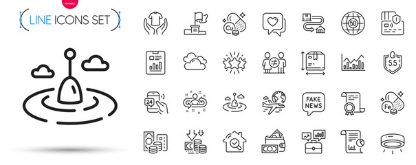 Pack of Card, International flight and Infochart line icons. Include 5g internet, 24h service, Hold t-shirt pictogram icons. Ph neutral, Business portfolio, Star signs. Cloudy weather. Vector - obrazy, fototapety, plakaty