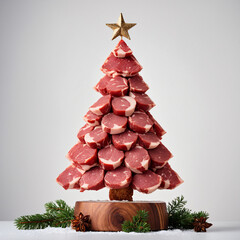 Christmas tree made of raw steak slices with against a white background